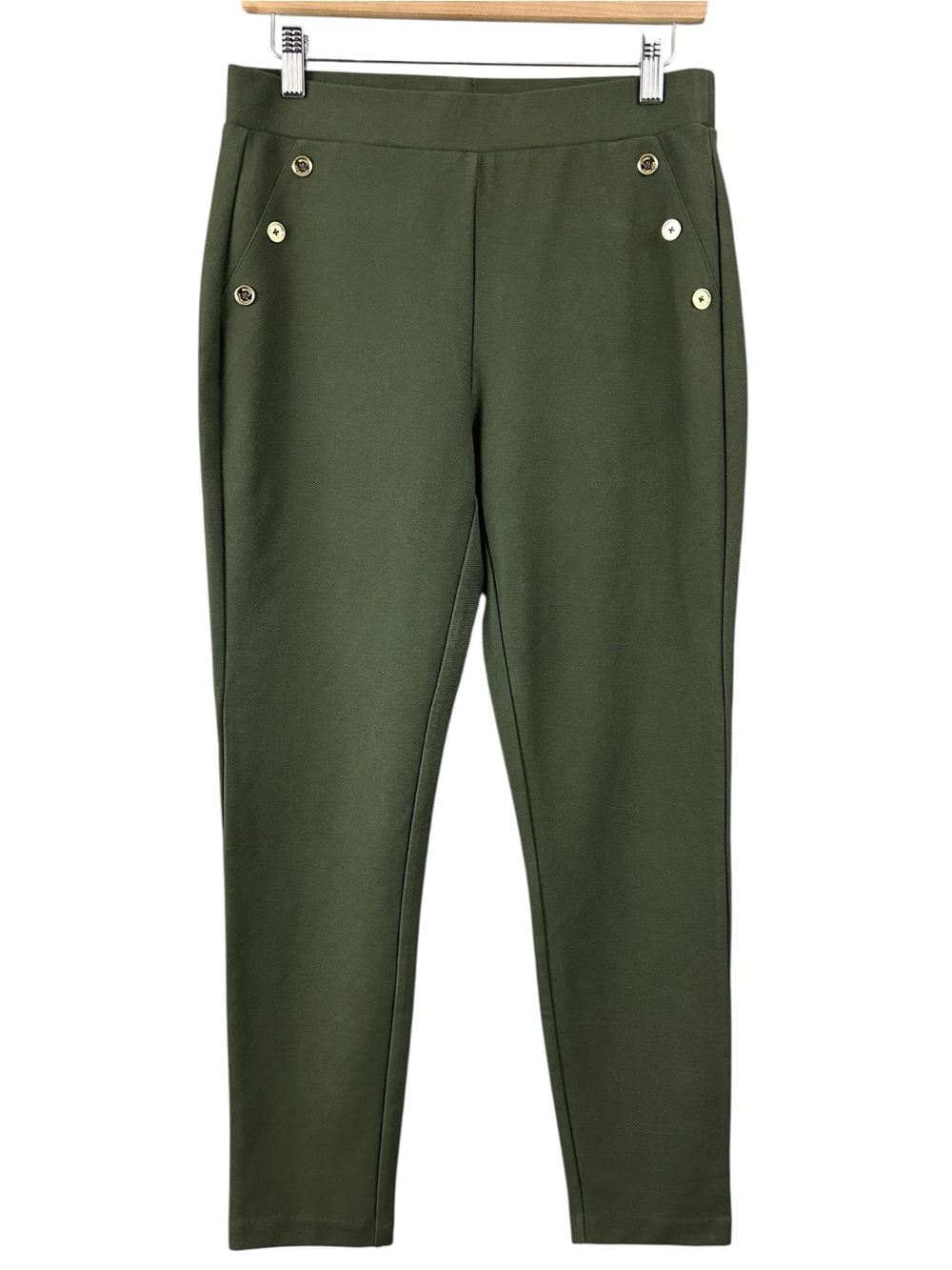 Michael Kors Pull On Ankle Pants Gold Button Detail Olive Green Size Medium